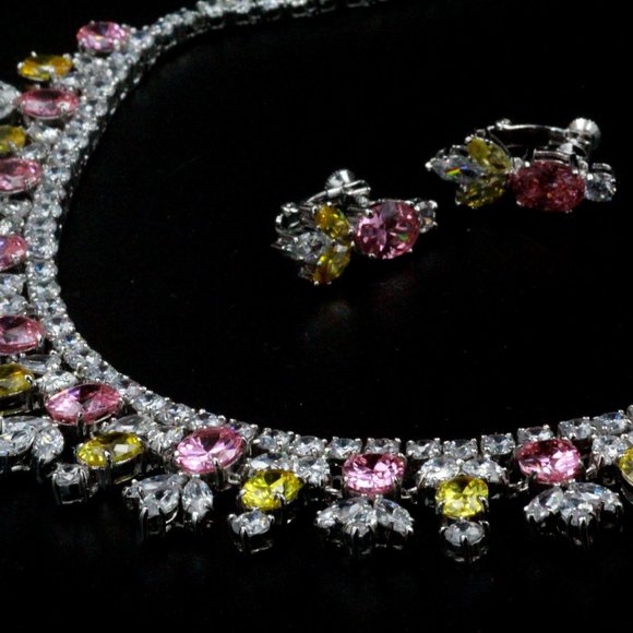 NOS Rucinni Rhinestones Jeweled Crystals Yellow Pink Pastel Necklace Set - Picture 12 of 13